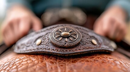 Naklejka premium A close up of a person's hands on a saddle