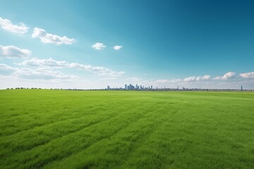 Fototapeta premium arafed view of a green field with a city in the distance
