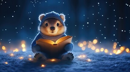 Fototapeta premium Happy Groundhog Day greeting card design concept. A cute Groundhog in a cozy blue outfit reads a book amidst a snowy landscape filled with glowing lights.