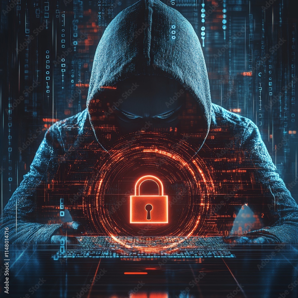 Poster hacker in hoodie working on computer with glowing lock symbol and digital data in dark environment