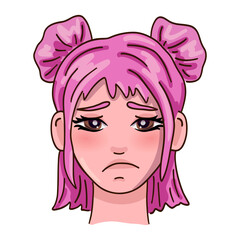 Sad female person face with pink hair. Vector illustration.
