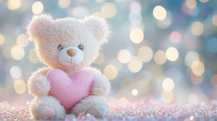 Fototapeta premium Cute Teddy Bear Holding a Pink Heart with Warm Bokeh Background