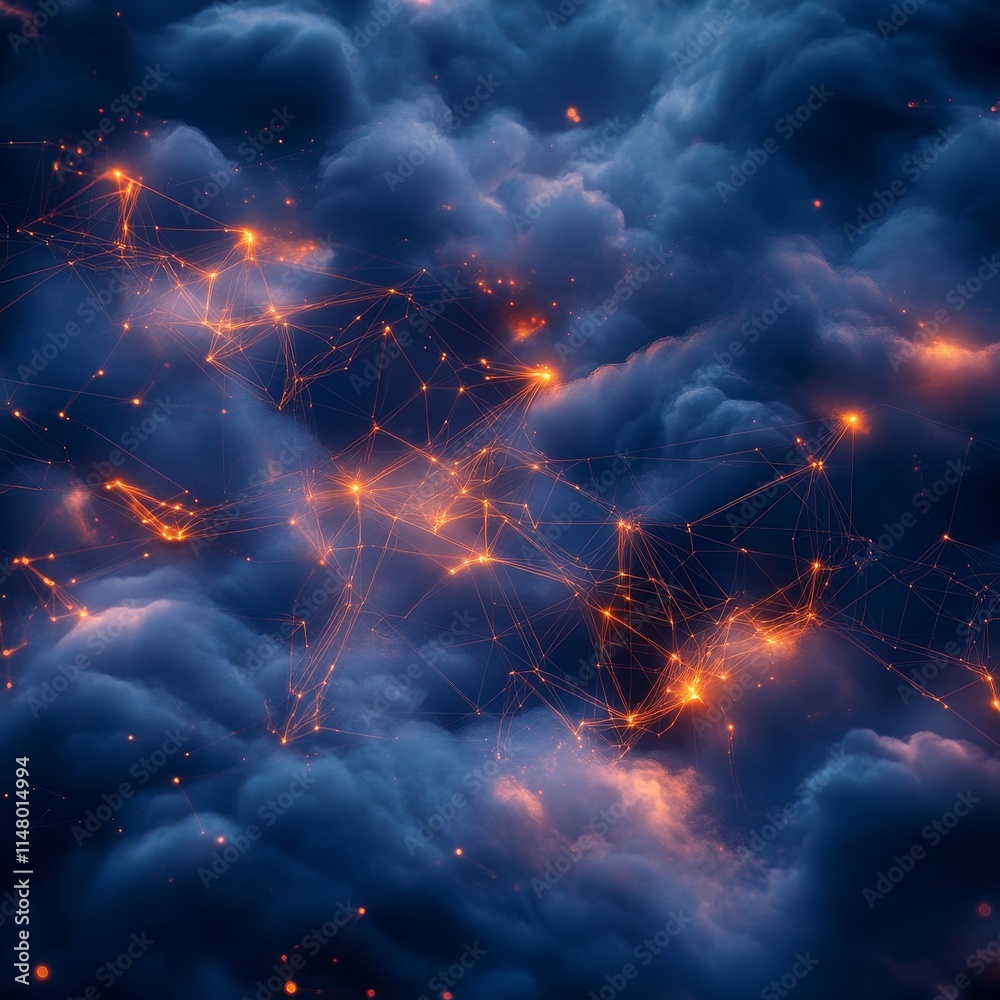 Poster swirling clouds illuminated by glowing connections representing digital networks and data flow in a 