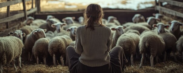 Fototapeta premium A woman is sitting in front of a group of sheep in a pen with her hands on her knees