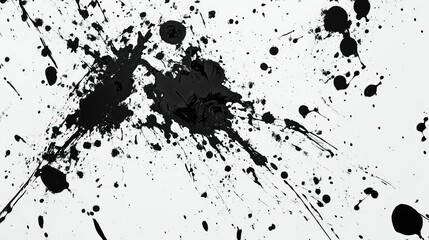 A chaotic pattern of ink splatters in deep black, scattered across a white canvas.