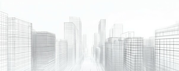 D wireframe cityscape, architectural design, urban concept The image features a monochrome perspective of buildings represented by transparent lines against a white