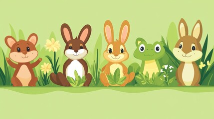 Cute cartoon animals in a spring meadow.