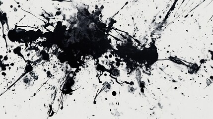 A chaotic pattern of ink splatters in deep black, scattered across a white canvas.