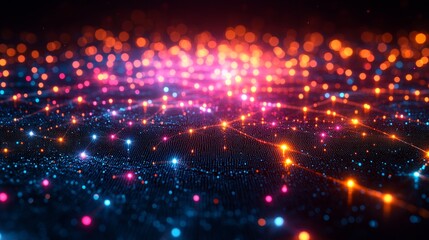 Obraz premium Vibrant Digital Landscape With Glowing Particles in a Seamless Pattern of Blue, Pink, and Orange Illuminated by an Ethereal Glow Showcasing a Stunning Visual Effect