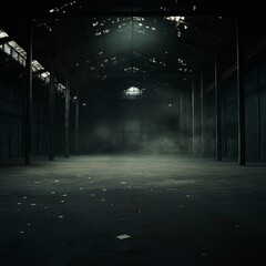 Fototapeta premium Abandoned Warehouse With Broken Windows and Hazy Atmosphere in the Early Morning Light