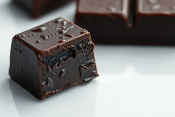 A square of dark chocolate sits prominently, revealing its rich texture and glossy surface. The scene captures the allure of a decadent treat perfect for connoisseurs