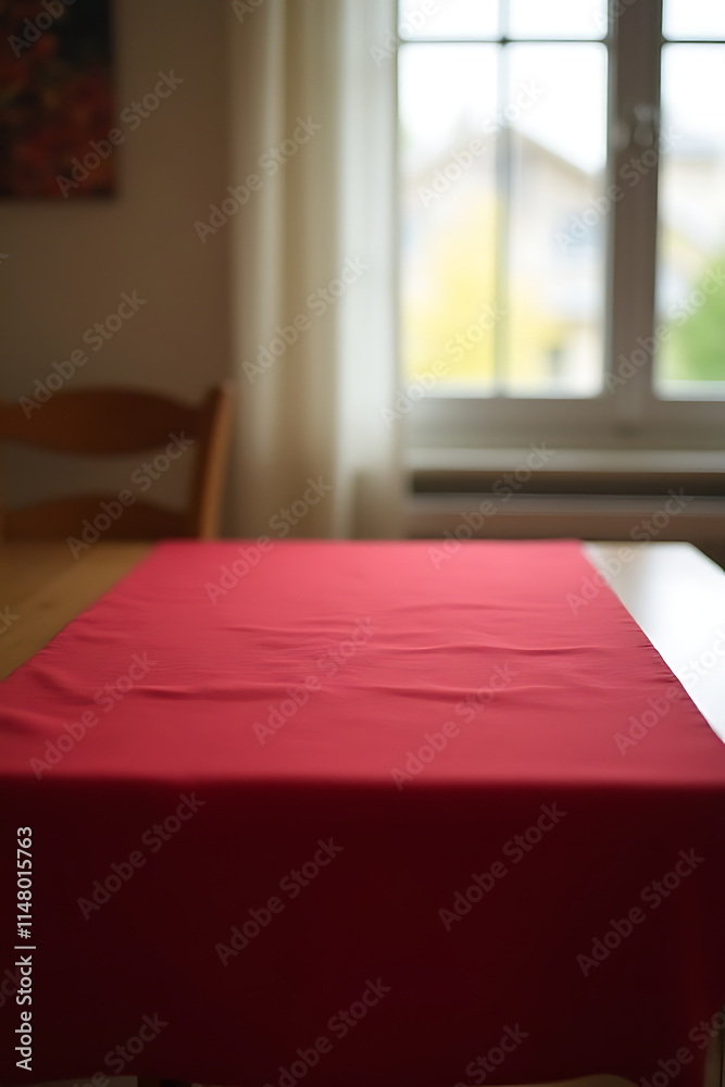 Poster A red tablecloth is draped over a wooden table with a blurred view of the surrounding home through a nearby window._00001_