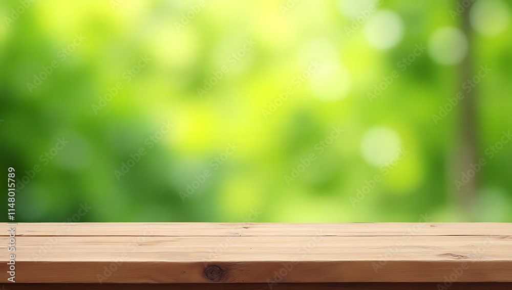 Poster a real wood table top with a blurred fresh green garden background is ideal for product displays and