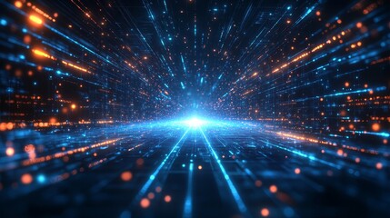 Obraz premium Light Beams Create an Illusion of Depth and Movement in a Futuristic Digital Landscape With Vibrant Blue and Orange Hues