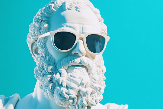 Socrates in sunglasses and white, minimalist style, turquoise background