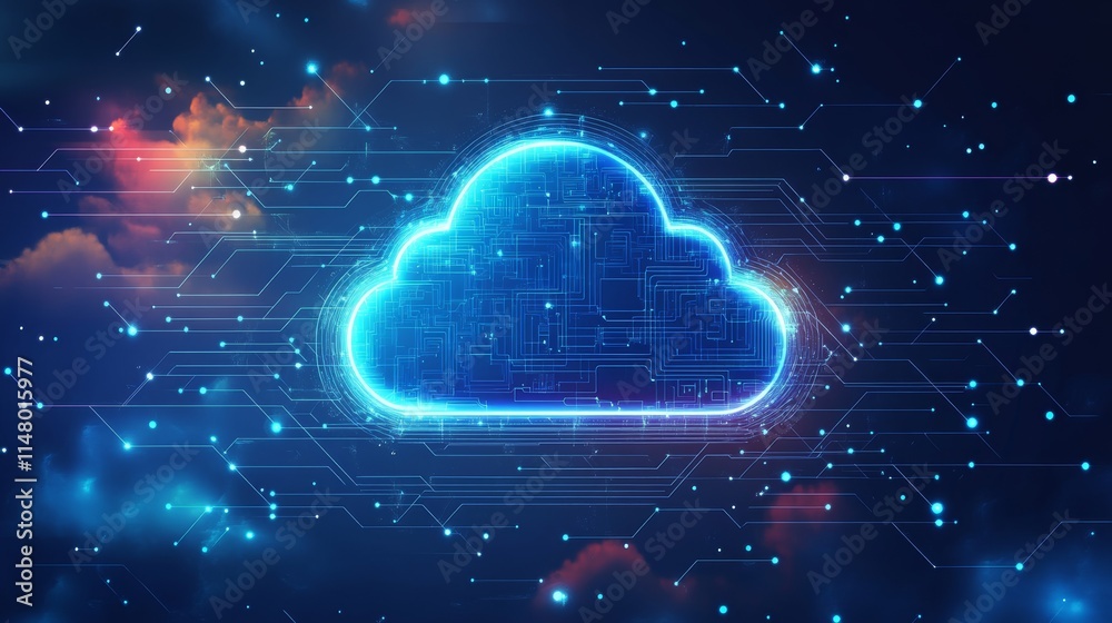 Poster digital cloud with glowing circuits and abstract background illustrating technology and data storage