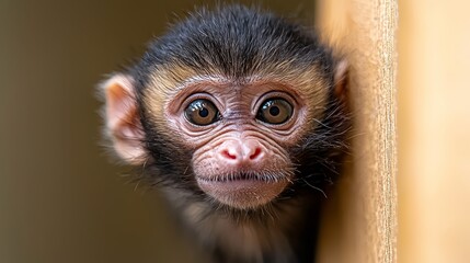 Obraz premium A small monkey peeking out from behind a wall