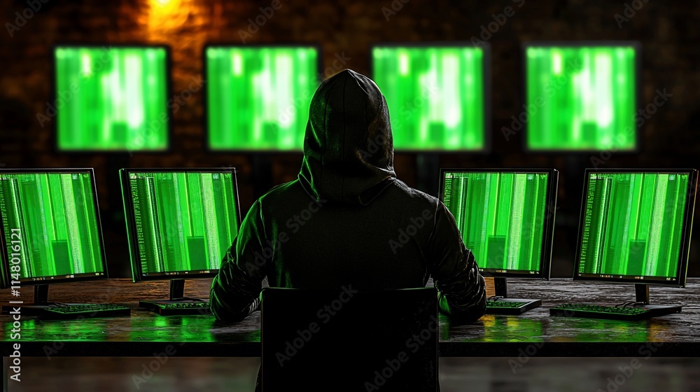 Poster Hooded Hacker Working Multiple Green Screen Computers