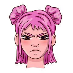 Angry female person face with pink hair. Vector illustration.