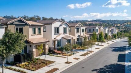 Suburban street lined with modern houses on a sunny day.
