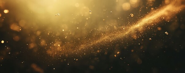 Dark background, bokeh effect, golden dust particles floating in the air, creating an ethereal and magical atmosphere