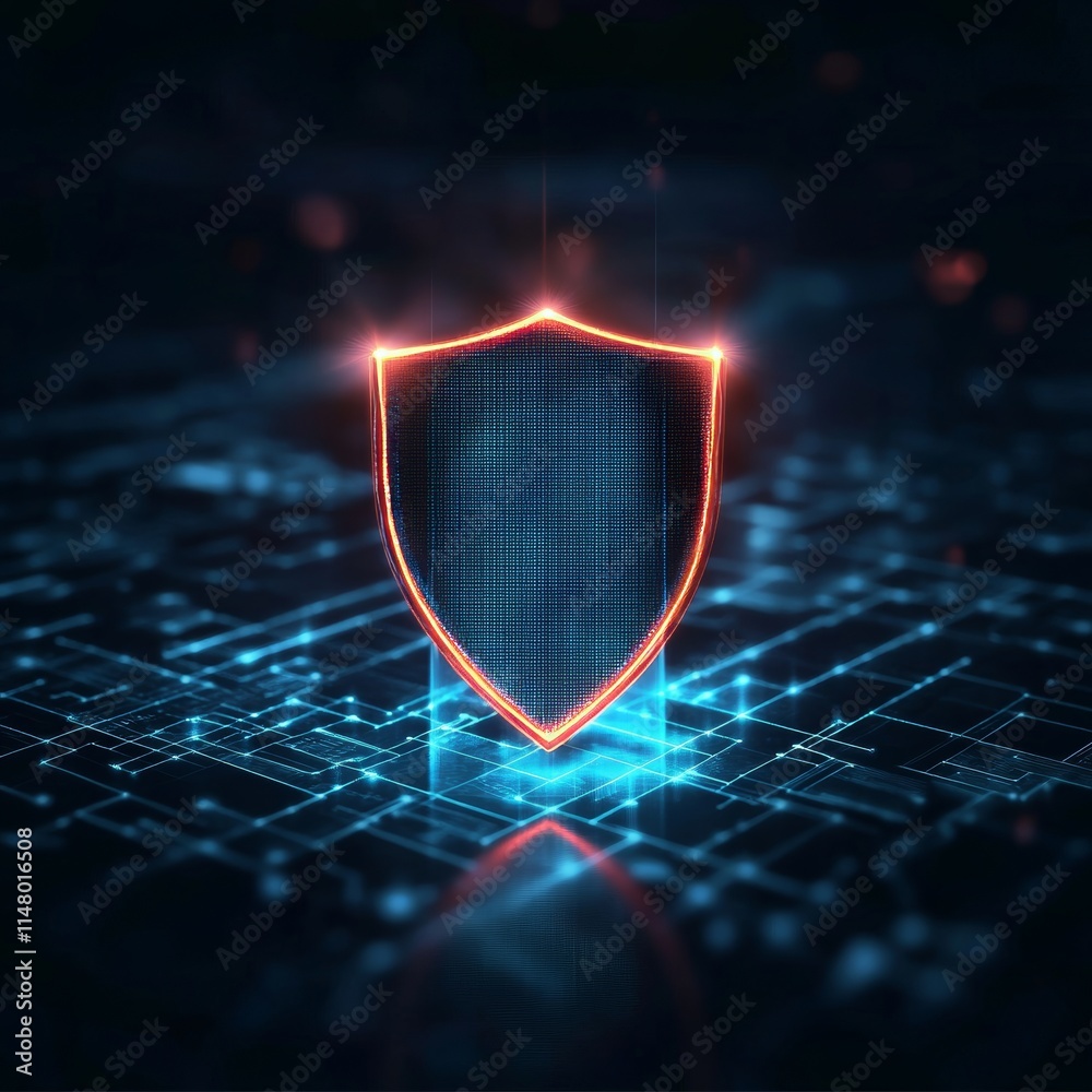 Poster digital shield symbolizing cybersecurity and data protection in a futuristic setting with glowing te