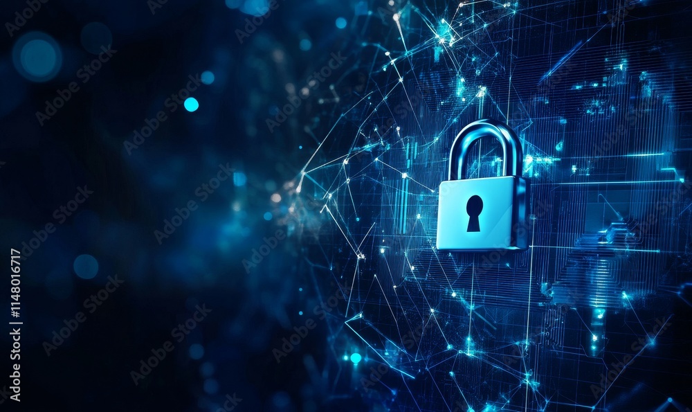 Poster digital padlock symbolizing cybersecurity protection in a futuristic network environment with interc