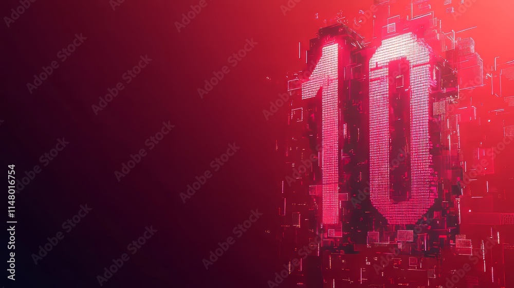 Poster digital representation of the number ten with a vibrant red and dark backdrop, showcasing pixels and