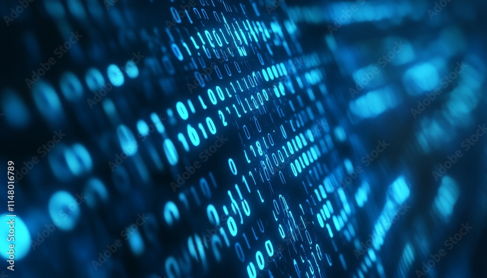 Poster digital binary code flowing across a futuristic background, representing data transmission and techn