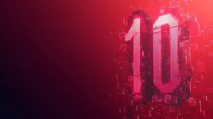 Digital Representation of the Number Ten With a Vibrant Red and Dark Backdrop, Showcasing Pixels and Dynamic Visual Elements, Creating an Engaging and Modern Aesthetic