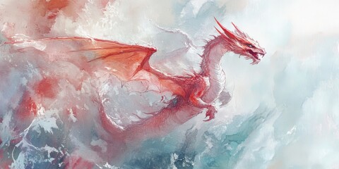 A stunning depiction of a red dragon flying through mystical clouds, showcasing fantasy art with vivid colors and dynamic energy.