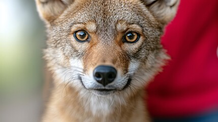 Obraz premium A close up of a coyote's face with a person in the background