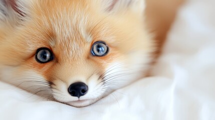Obraz premium A close up of a small red fox with blue eyes laying on a bed