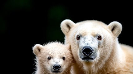 A mother polar bear and her cub are looking at the camera