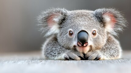 Obraz premium A koala bear laying down on the ground looking at the camera