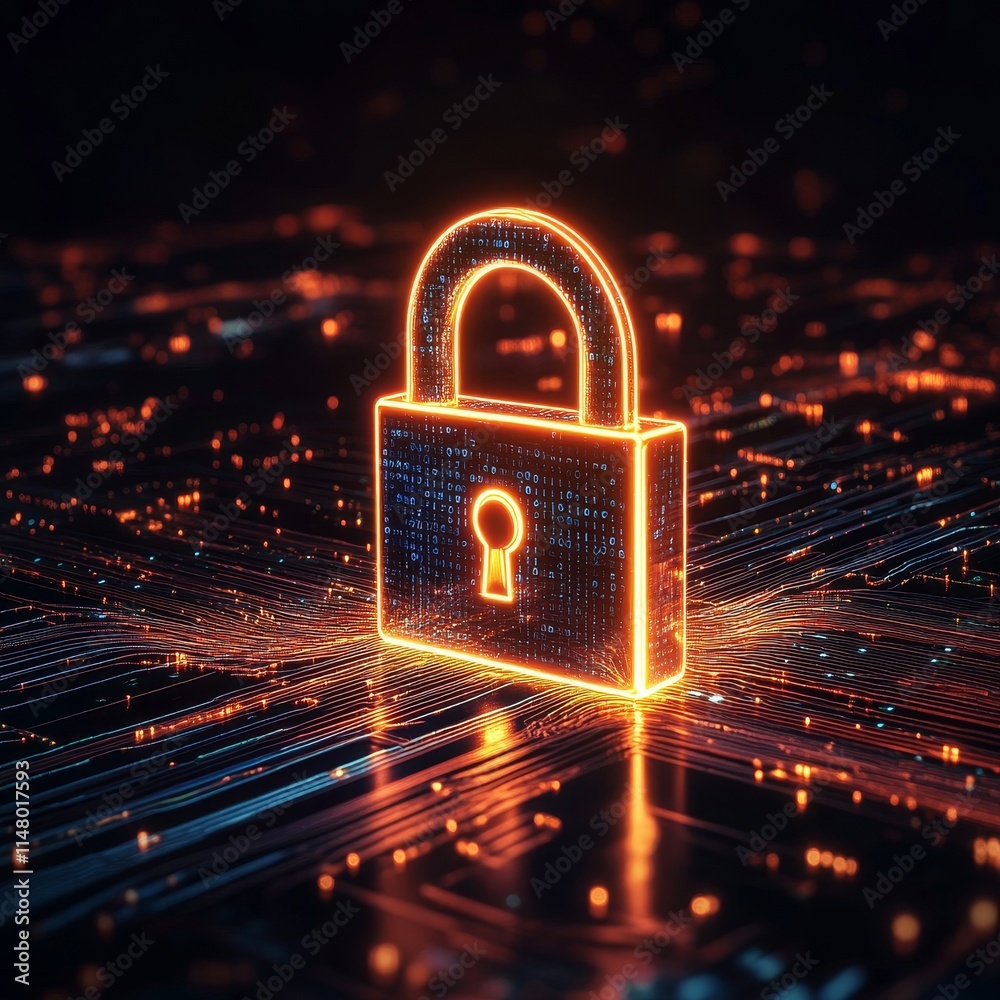 Poster cybersecurity concept with glowing padlock over digital background representing data protection and 
