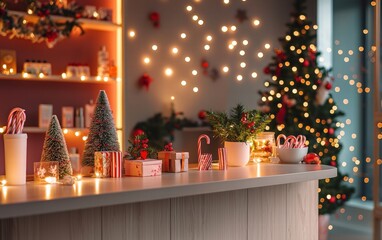 Obraz premium A modern salon counter with holiday decorations, including mini Christmas trees, candy canes, and glowing fairy lights