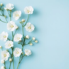 Fototapeta premium Banner with white flowers on light blue background. Greeting card template for Wedding mothers or womans day. Springtime composition with copy space.