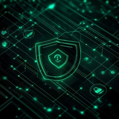 Digital Security Shield Graphic on a Dark Background With Glowing Network Connections Showcasing Cybersecurity Concepts