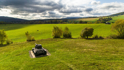 Tanks on Death Valley battlefield or Udolie Smrti in Slovakia, aerial drone view © marcin jucha