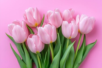 Naklejka premium Beautiful composition spring flowers. Bouquet of pink tulips flowers on pastel pink background.