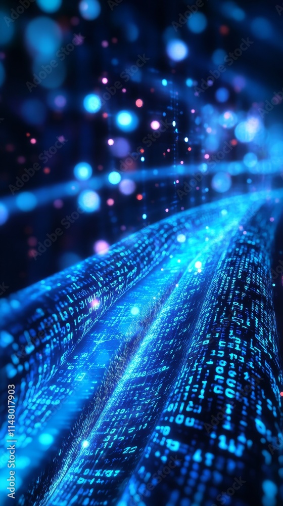 Aufkleber Blue Digital Data Flow With Glowing Particles and Binary Code Creating a Futuristic Technology Background