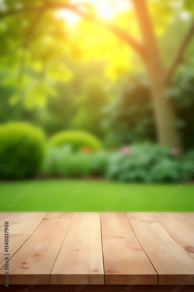 Poster a minimalist wooden table top is empty, contrasting with a blurred backdrop of lush greenery and war