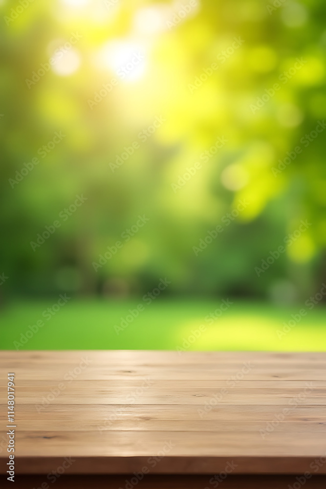 Poster a minimalist wooden table top is empty, contrasting with a blurred backdrop of lush greenery and war