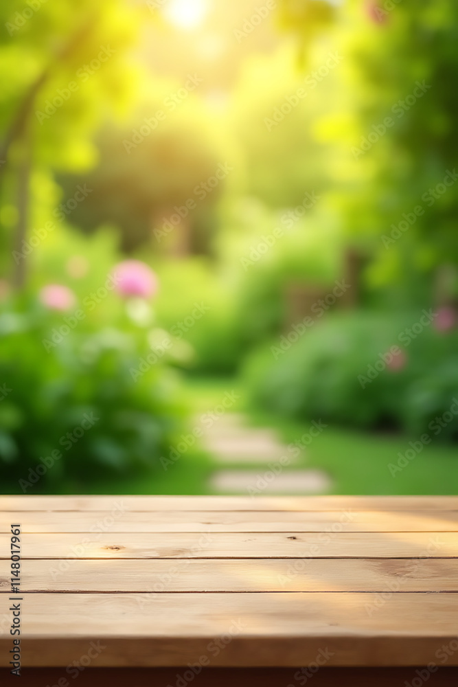 Poster a minimalist wooden table top is empty, contrasting with a blurred backdrop of lush greenery and war