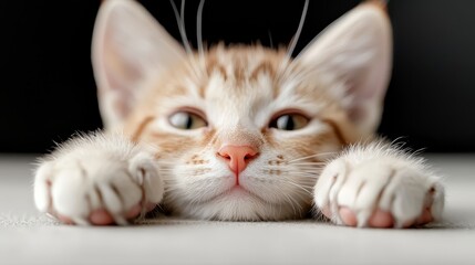 Obraz premium A small orange and white kitten laying on its back with its paws on the floor