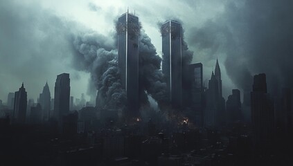 Dramatic Depiction of Twin Towers Explosion with Ominous City Skyline. AI generated illustration