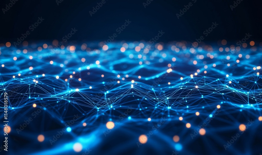 Aufkleber In a Dark Space, Glowing Blue Lines Create a Web-Like Structure With Bright Orange Dots, Illustrating a Digital Connectivity Network Visualized Through Abstract Design