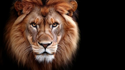 Fototapeta premium A close up of a lion's face on a black background