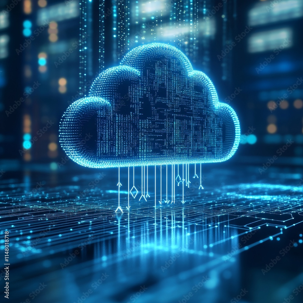 Poster digital cloud computing network with data connections visualized in a futuristic city environment at